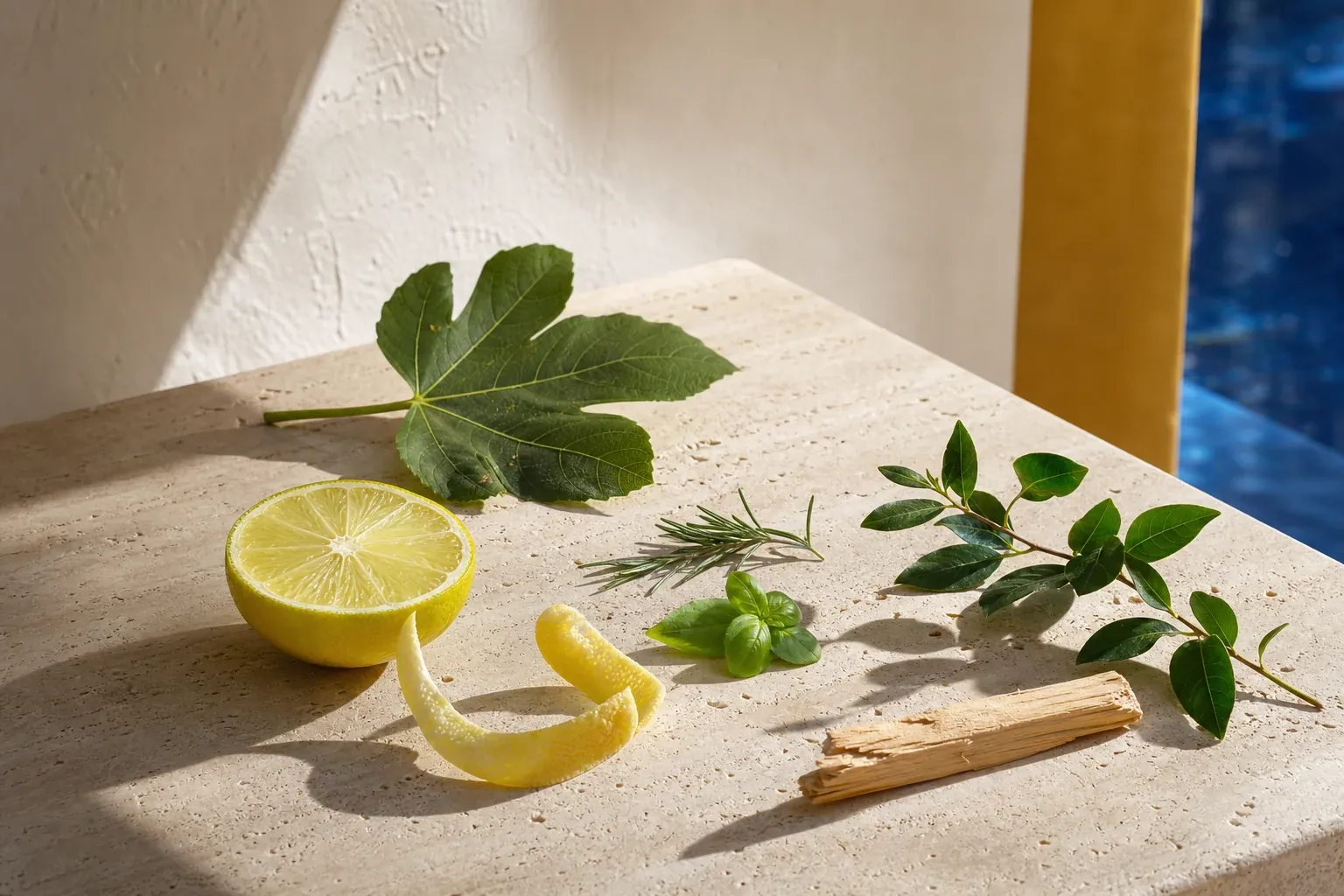 Agrume coupé, feuille de figuier, basilic, romarin, myrte et bois sur travertin