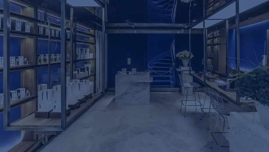 Intérieur bleu, bois et marbre d'une boutique Ex Nihilo à Paris