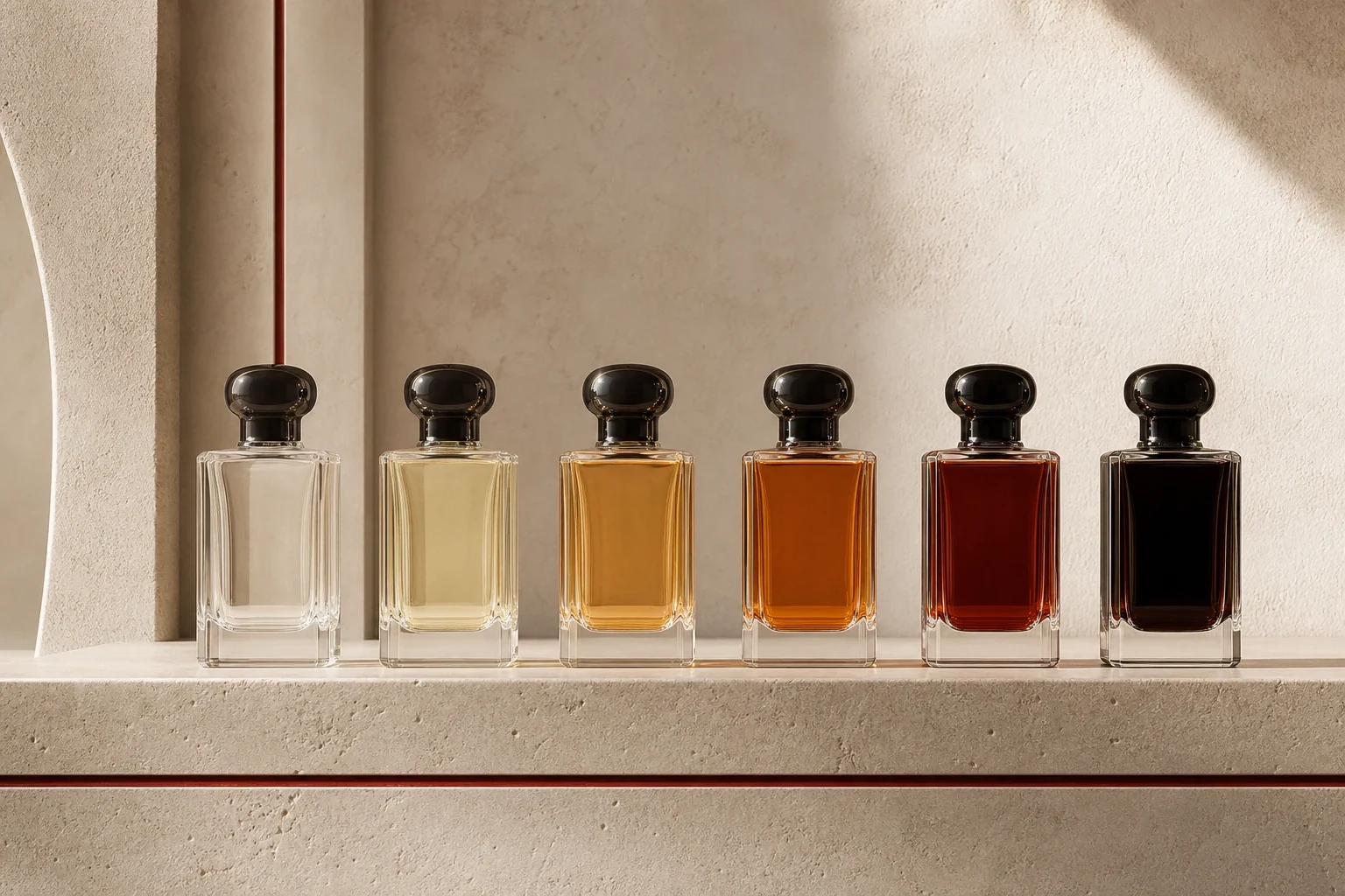Quatre flacons alignés du plus clair au plus sombre : EDT, EDP, Parfum, Elixir