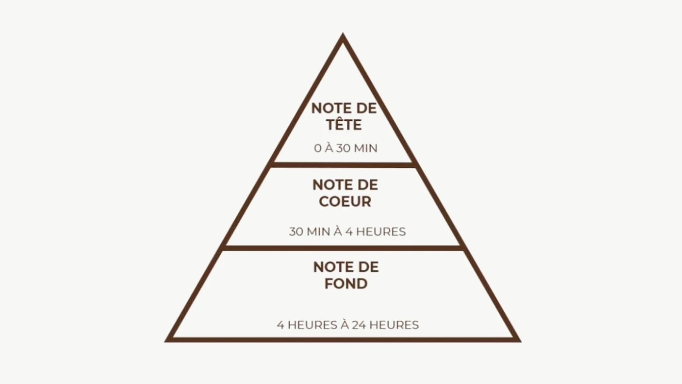 Fiche parfum / pyramide annotée à côté d'une mouillette