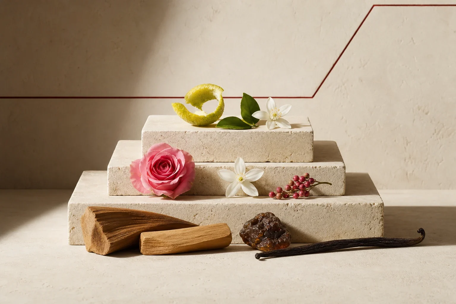 Flat lay des trois étages : tête (agrumes), cœur (fleurs), fond (bois et ambre)